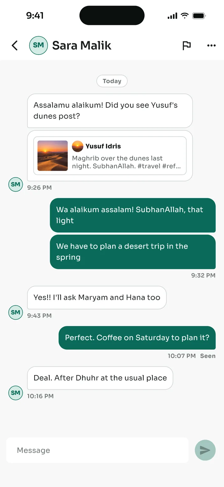 A private conversation with Sara Malik, with a shared post and read receipts