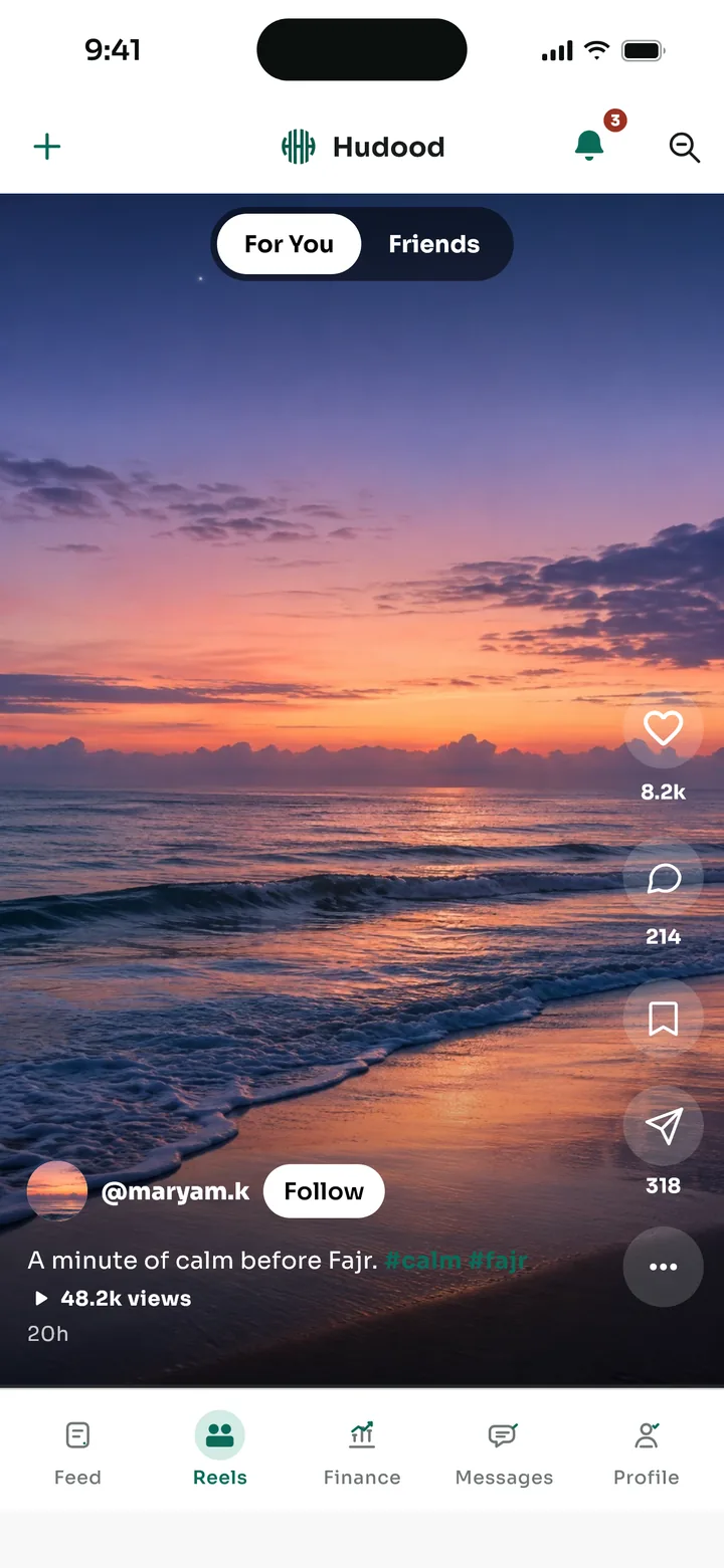 A reel of the sea at sunset, with For You and Friends tabs